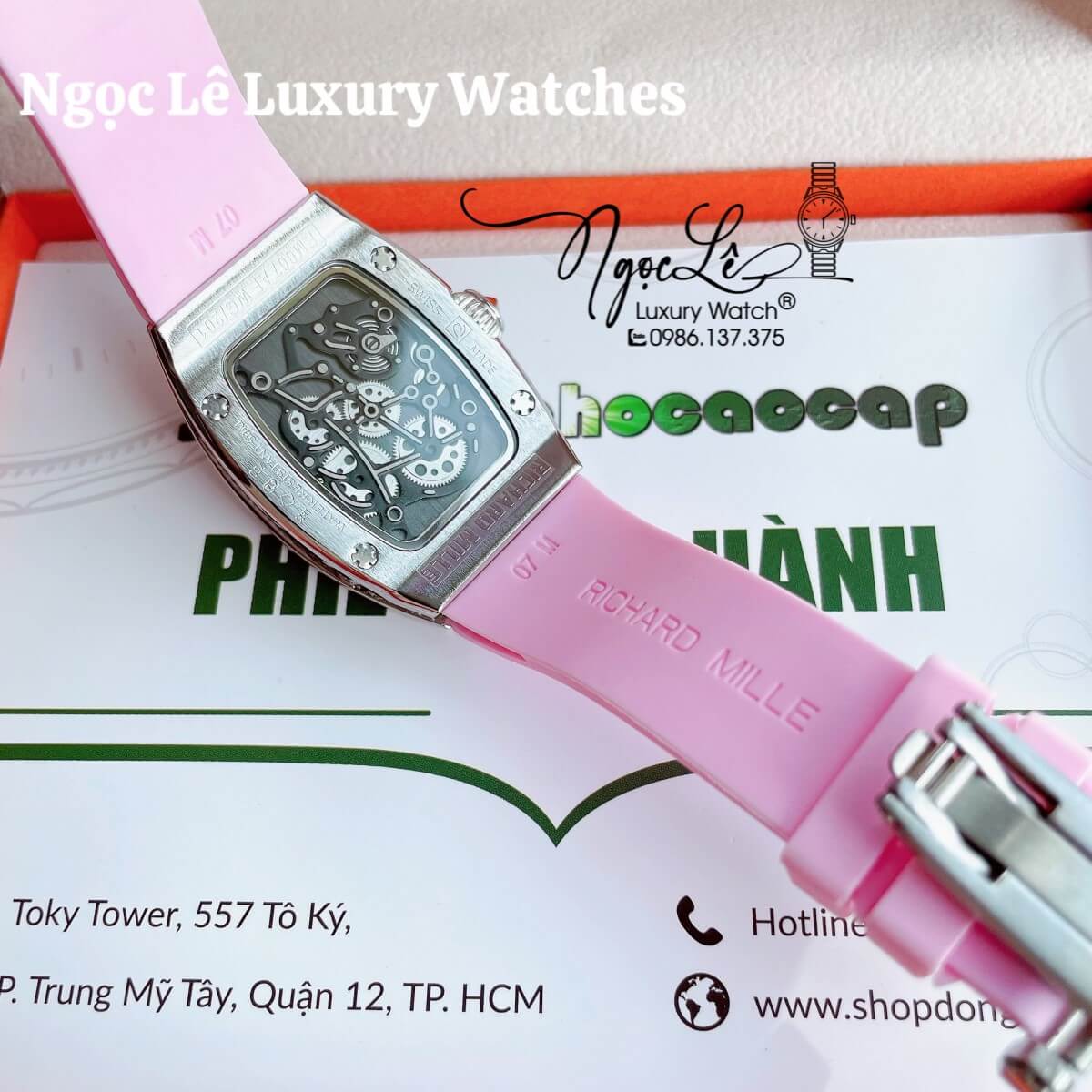 Đồng Hồ Nữ Richard Mille Siêu Cấp Dây Silicon Hồng Đính Đá Mịn Vỏ Silver Size 30x47mm