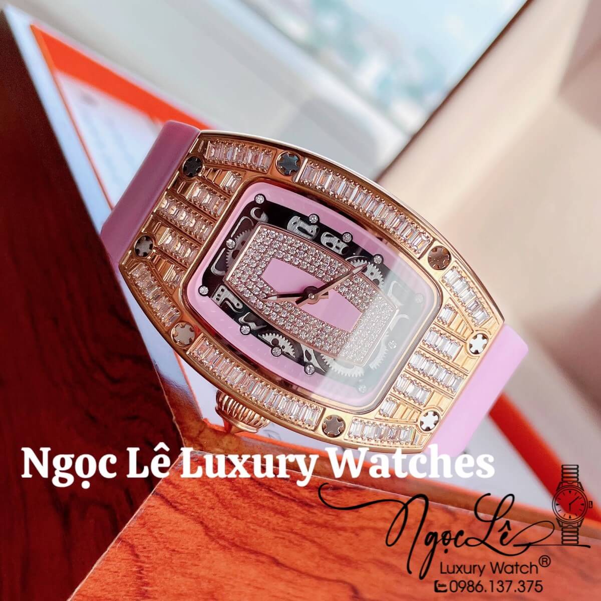 Đồng Hồ Nữ Richard Mille Siêu Cấp Dây Silicon Hồng Đính Đá Ống Vỏ Rose Size 30x47mm
