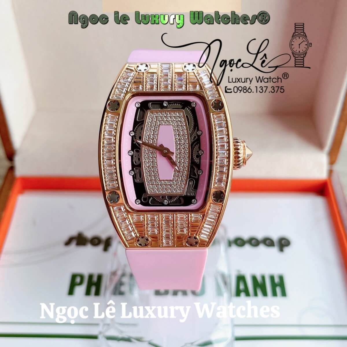 Đồng Hồ Nữ Richard Mille Siêu Cấp Dây Silicon Hồng Đính Đá Ống Vỏ Rose Size 30x47mm