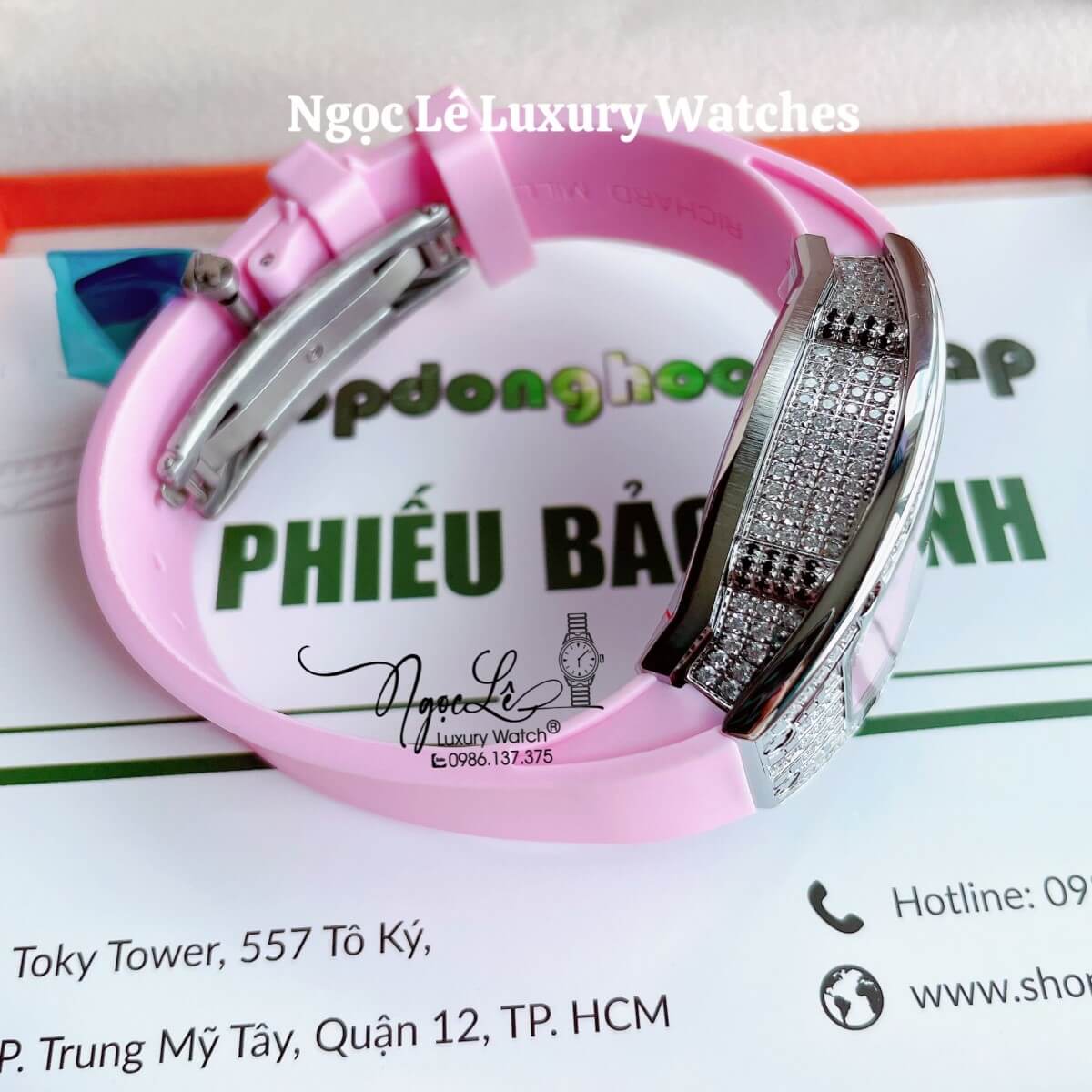 Đồng Hồ Nữ Richard Mille Siêu Cấp Dây Silicon Hồng Đính Đá Ống Vỏ Silver Size 30x47mm