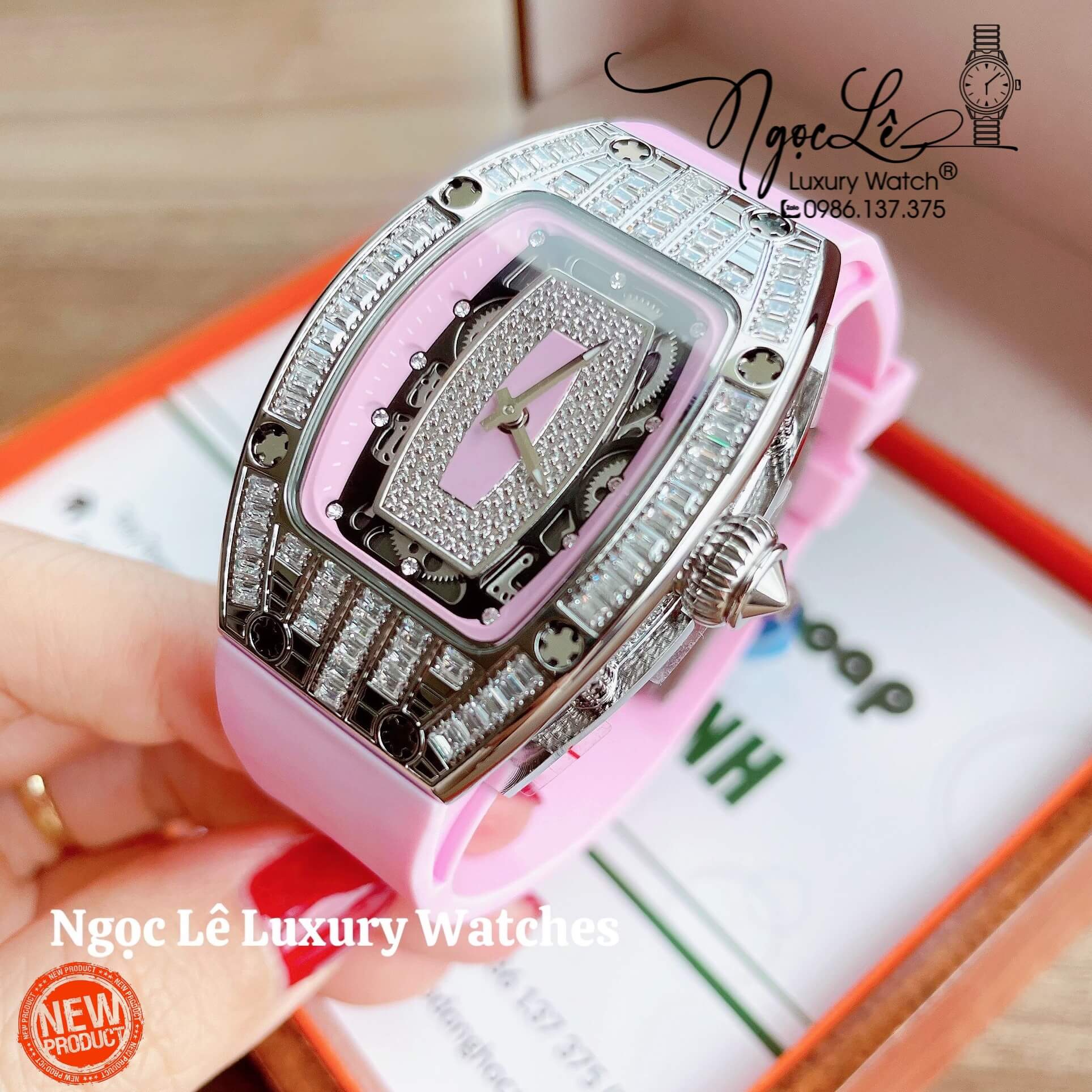 Đồng Hồ Nữ Richard Mille Siêu Cấp Dây Silicon Hồng Đính Đá Ống Vỏ Silver Size 30x47mm