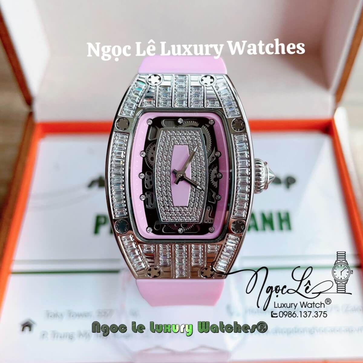 Đồng Hồ Nữ Richard Mille Siêu Cấp Dây Silicon Hồng Đính Đá Ống Vỏ Silver Size 30x47mm