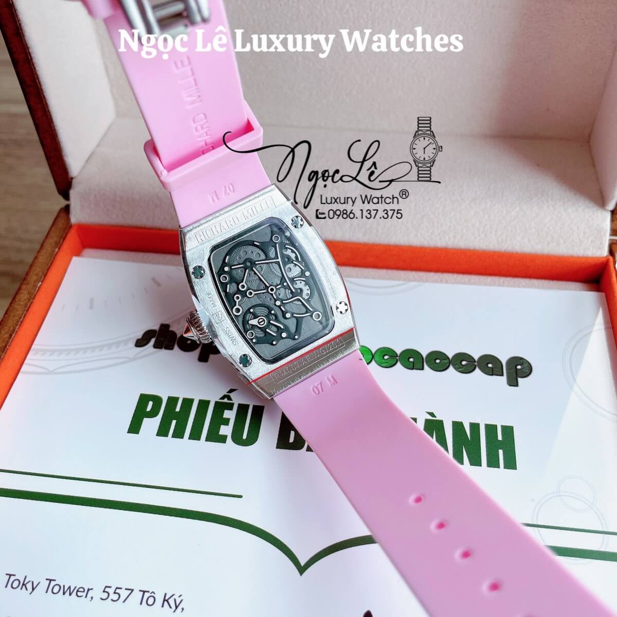 Đồng Hồ Nữ Richard Mille Siêu Cấp Dây Silicon Hồng Đính Đá Ống Vỏ Silver Size 30x47mm