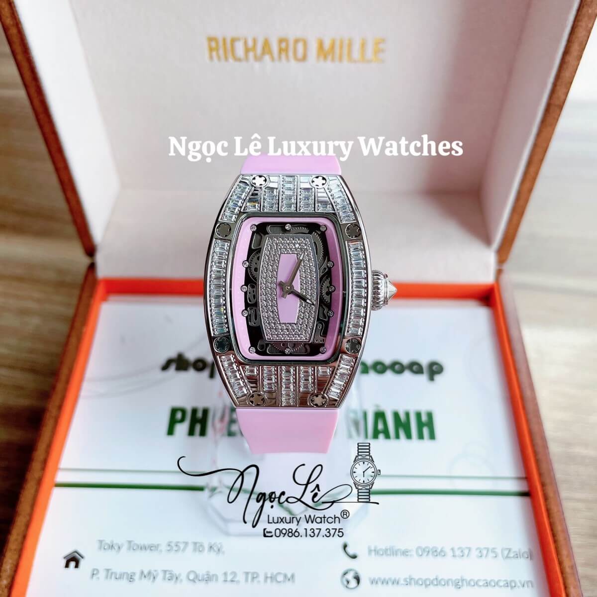 Đồng Hồ Nữ Richard Mille Siêu Cấp Dây Silicon Hồng Đính Đá Ống Vỏ Silver Size 30x47mm