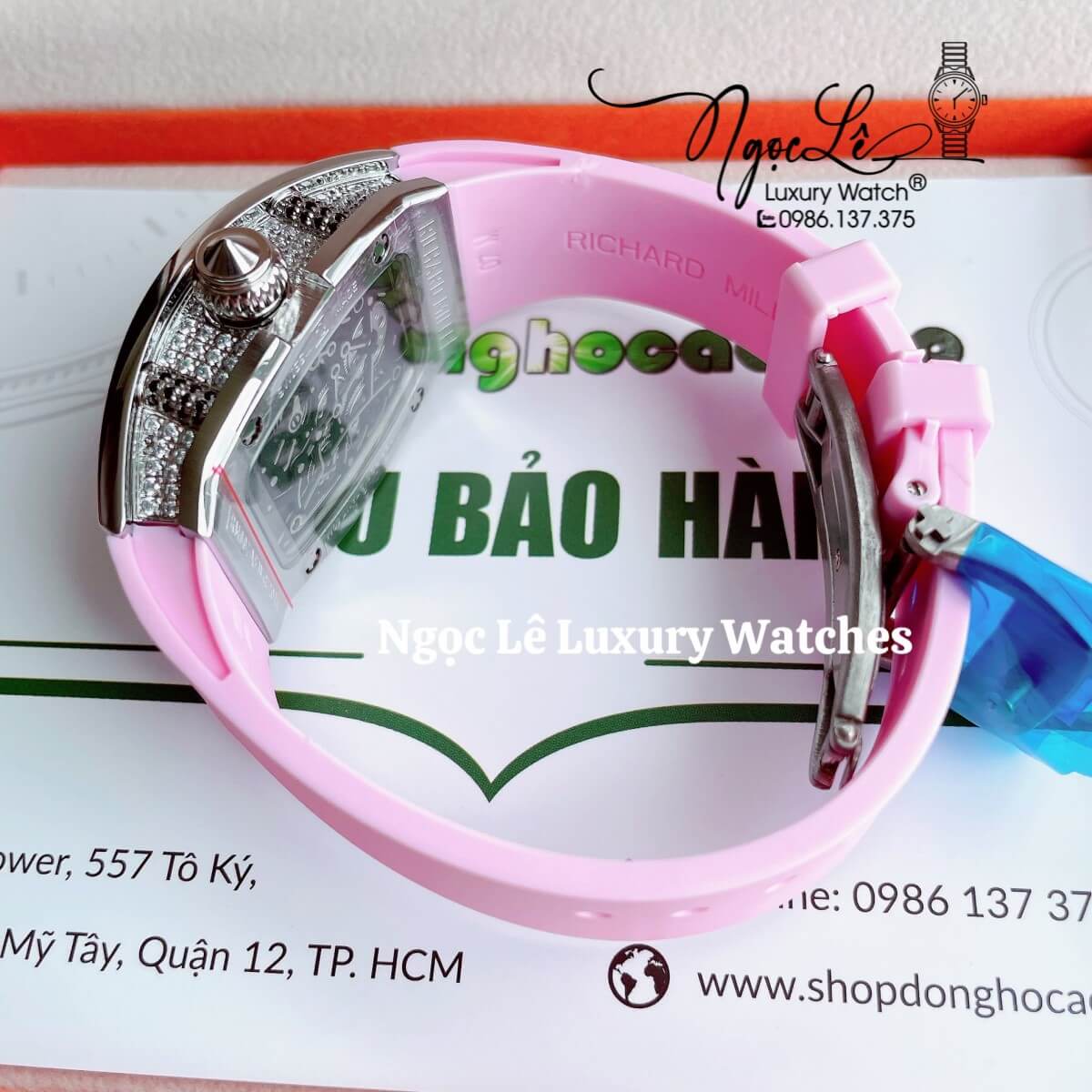Đồng Hồ Nữ Richard Mille Siêu Cấp Dây Silicon Hồng Đính Đá Ống Vỏ Silver Size 30x47mm