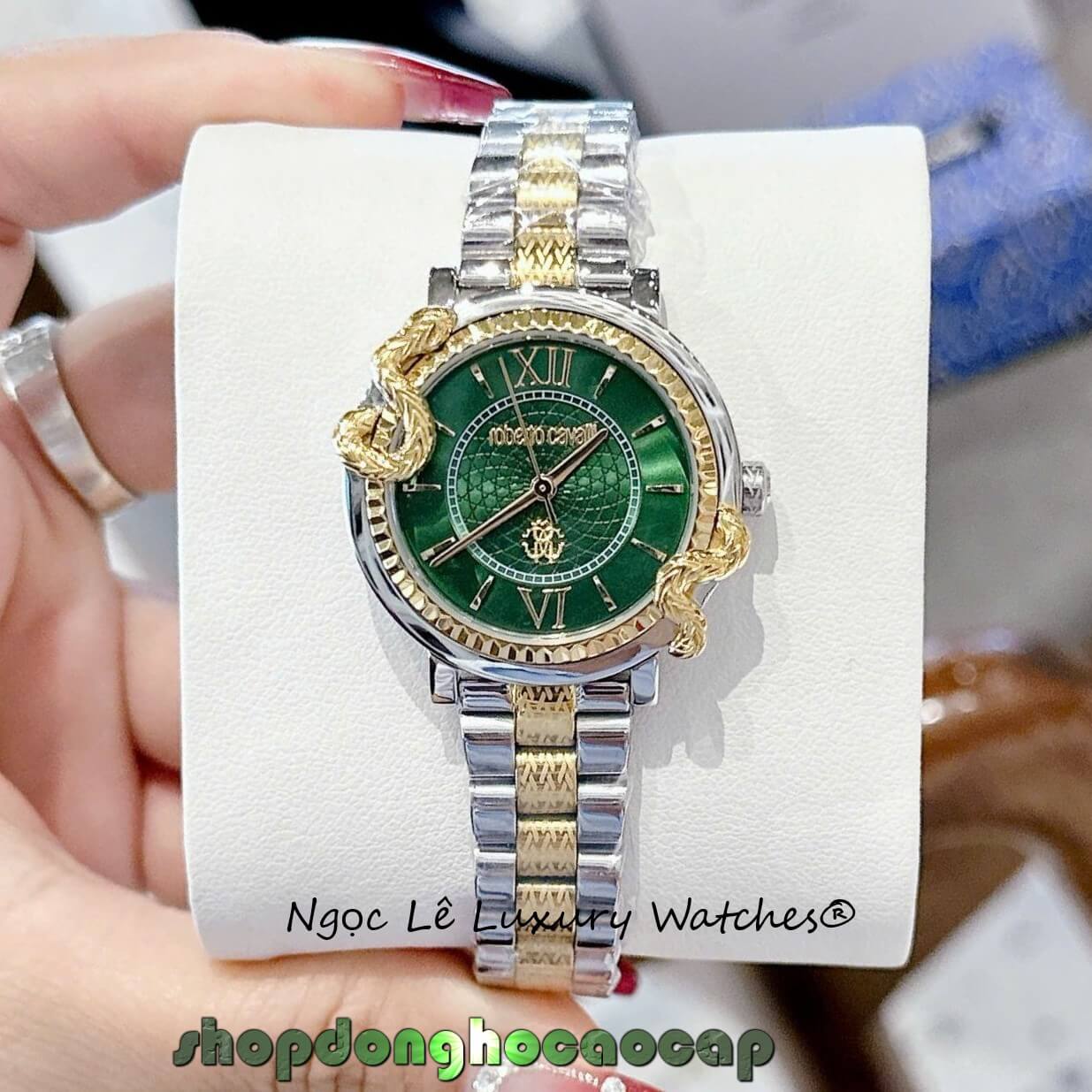 Đồng Hồ Nữ Roberto Cavalli Dây Demi Vàng Gold Mặt Rắn Xanh Lá Size 32mm - Quartz