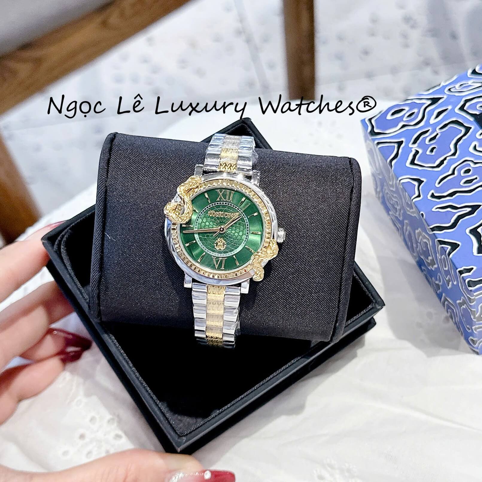 Đồng Hồ Nữ Roberto Cavalli Dây Demi Vàng Gold Mặt Rắn Xanh Lá Size 32mm - Quartz