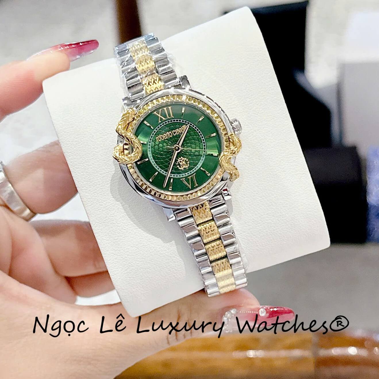 Đồng Hồ Nữ Roberto Cavalli Dây Demi Vàng Gold Mặt Rắn Xanh Lá Size 32mm - Quartz