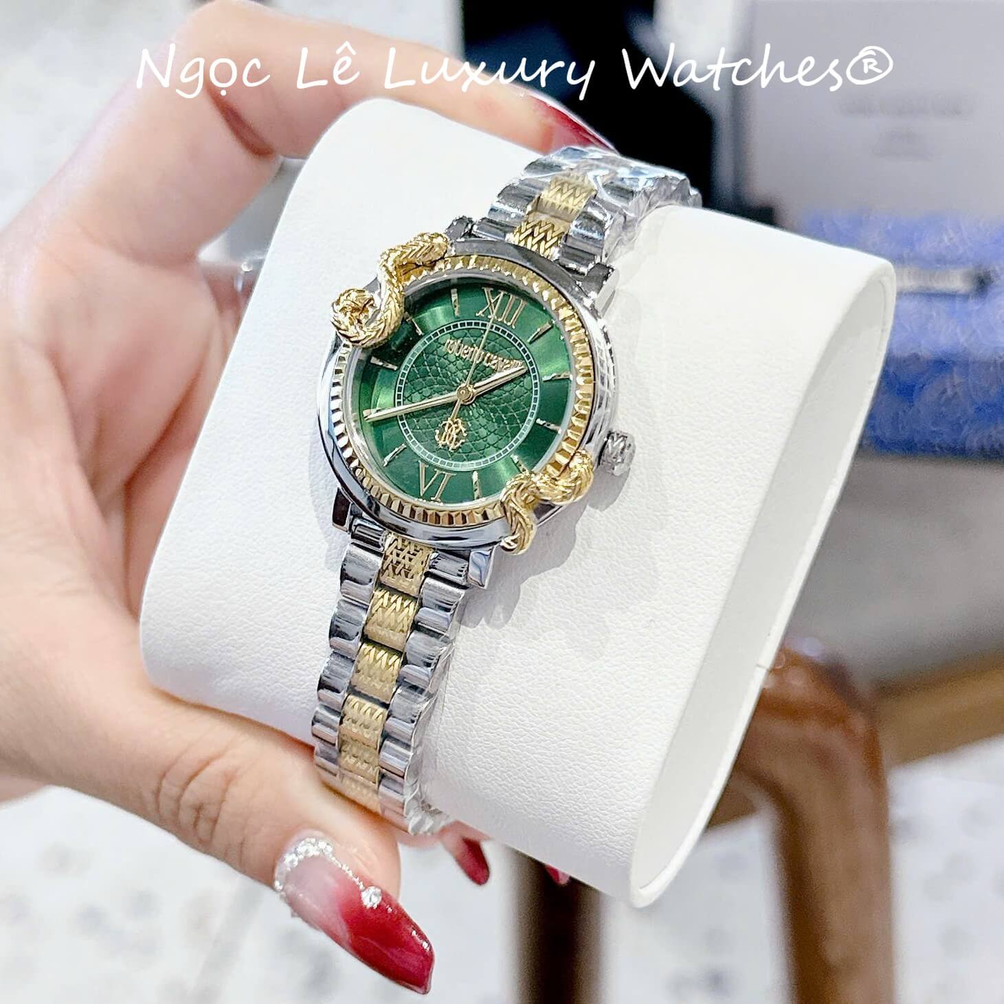 Đồng Hồ Nữ Roberto Cavalli Dây Demi Vàng Gold Mặt Rắn Xanh Lá Size 32mm - Quartz