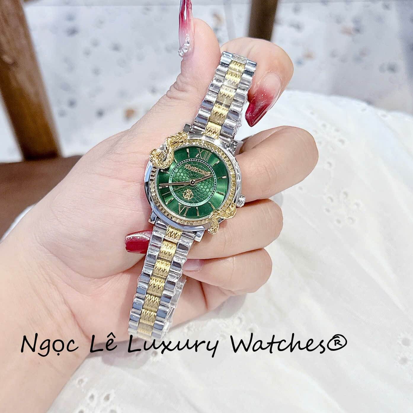 Đồng Hồ Nữ Roberto Cavalli Dây Demi Vàng Gold Mặt Rắn Xanh Lá Size 32mm - Quartz