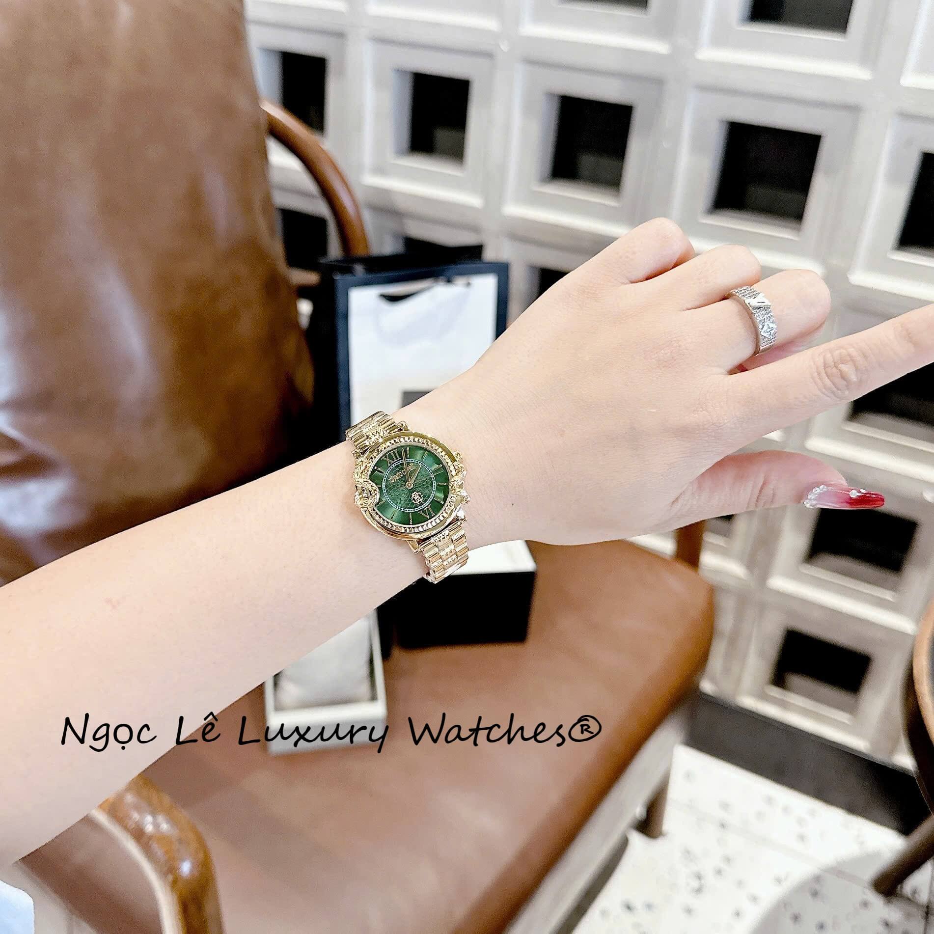 Đồng Hồ Nữ Roberto Cavalli Dây Kim Loại Màu Vàng Gold Mặt Rắn Xanh Lá Size 32mm - Quartz