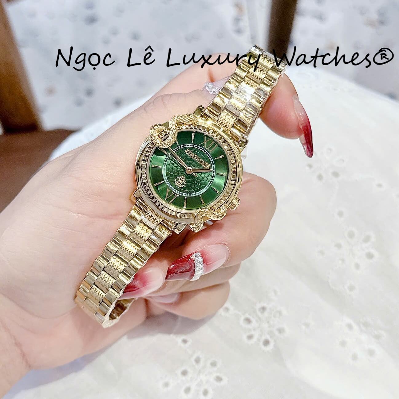 Đồng Hồ Nữ Roberto Cavalli Dây Kim Loại Màu Vàng Gold Mặt Rắn Xanh Lá Size 32mm - Quartz