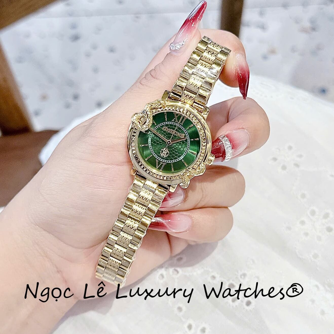 Đồng Hồ Nữ Roberto Cavalli Dây Kim Loại Màu Vàng Gold Mặt Rắn Xanh Lá Size 32mm - Quartz