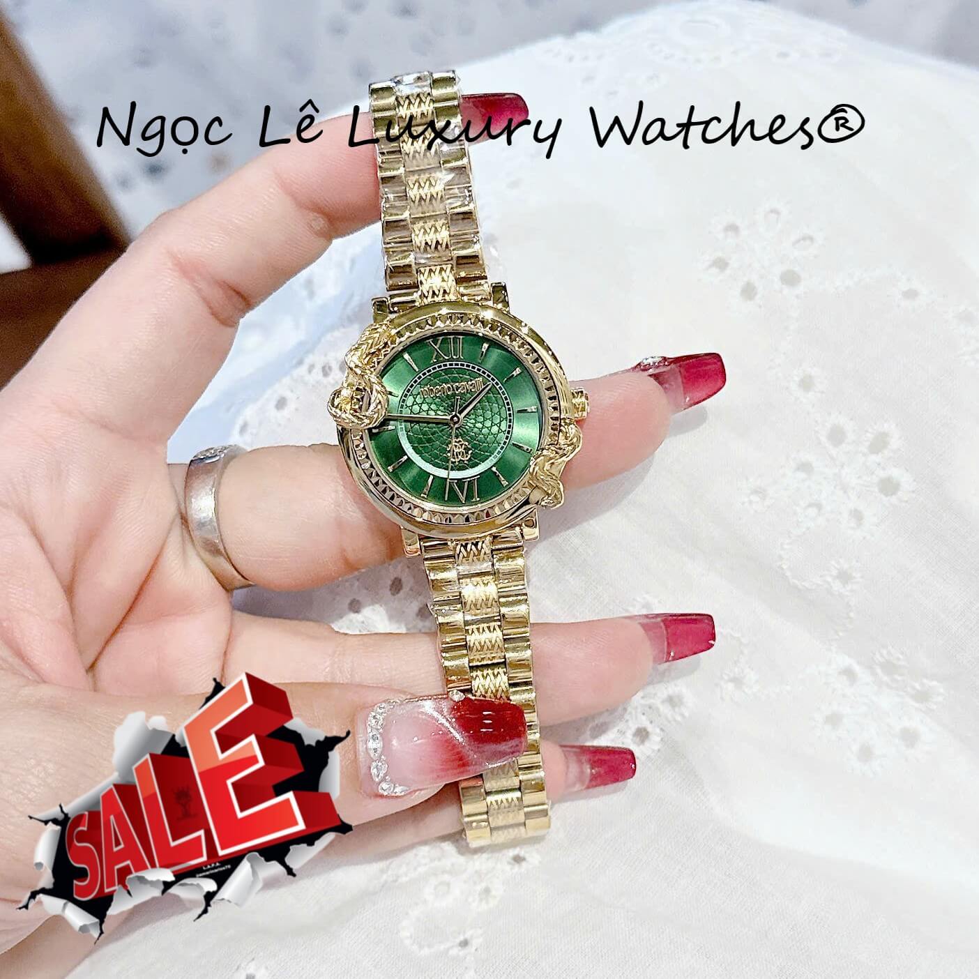 Đồng Hồ Nữ Roberto Cavalli Dây Kim Loại Màu Vàng Gold Mặt Rắn Xanh Lá Size 32mm - Quartz