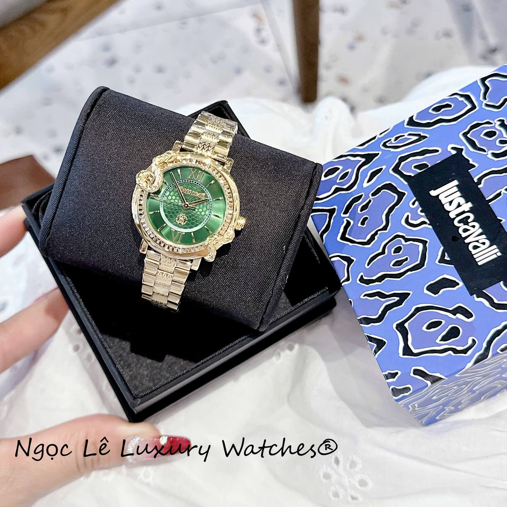 Đồng Hồ Nữ Roberto Cavalli Dây Kim Loại Màu Vàng Gold Mặt Rắn Xanh Lá Size 32mm - Quartz