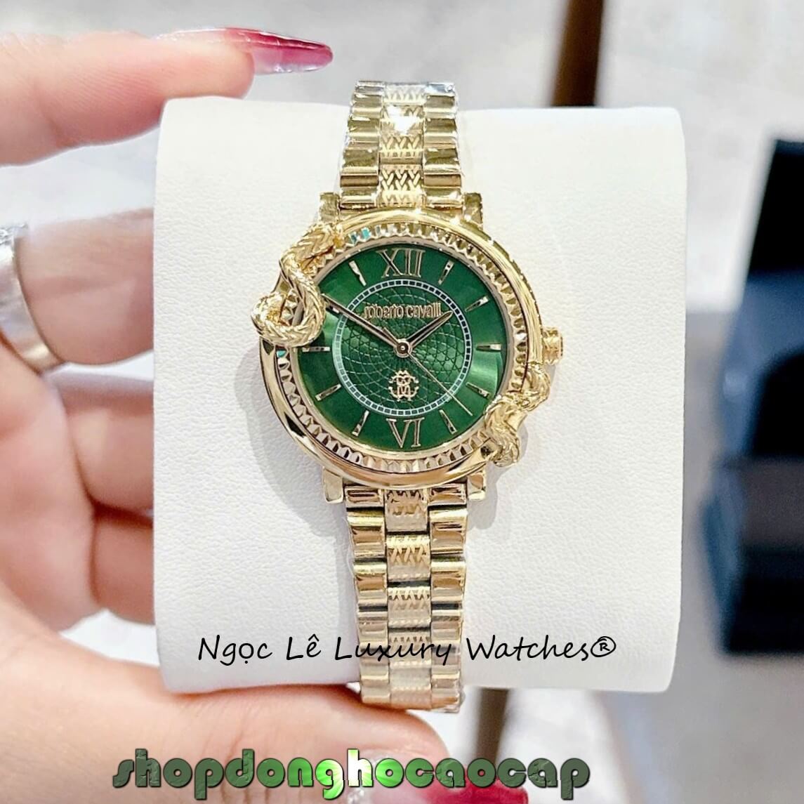 Đồng Hồ Nữ Roberto Cavalli Dây Kim Loại Màu Vàng Gold Mặt Rắn Xanh Lá Size 32mm - Quartz
