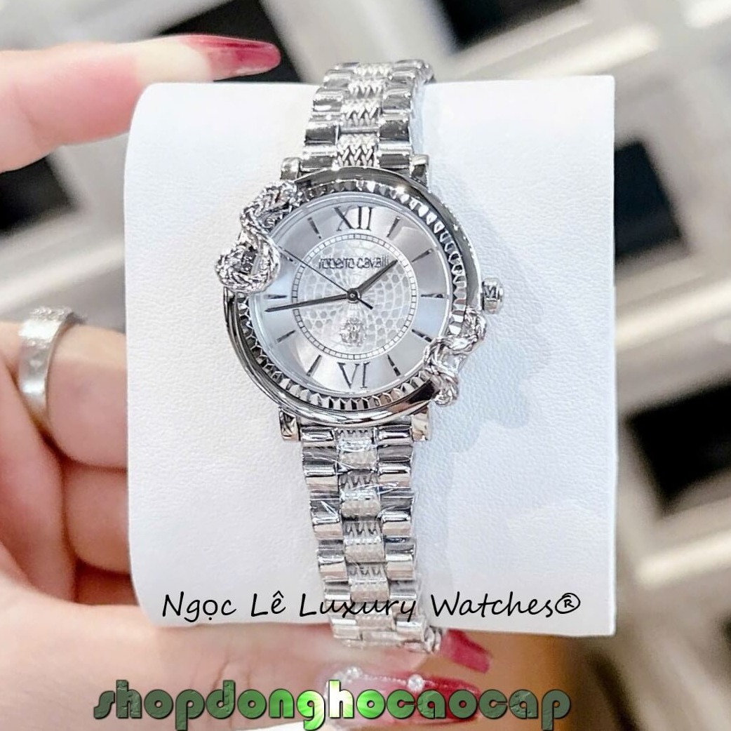 Đồng Hồ Nữ Roberto Cavalli Dây Thép Bạc Mặt Trắng Họa Tiết Rắn Size 32mm - Quartz