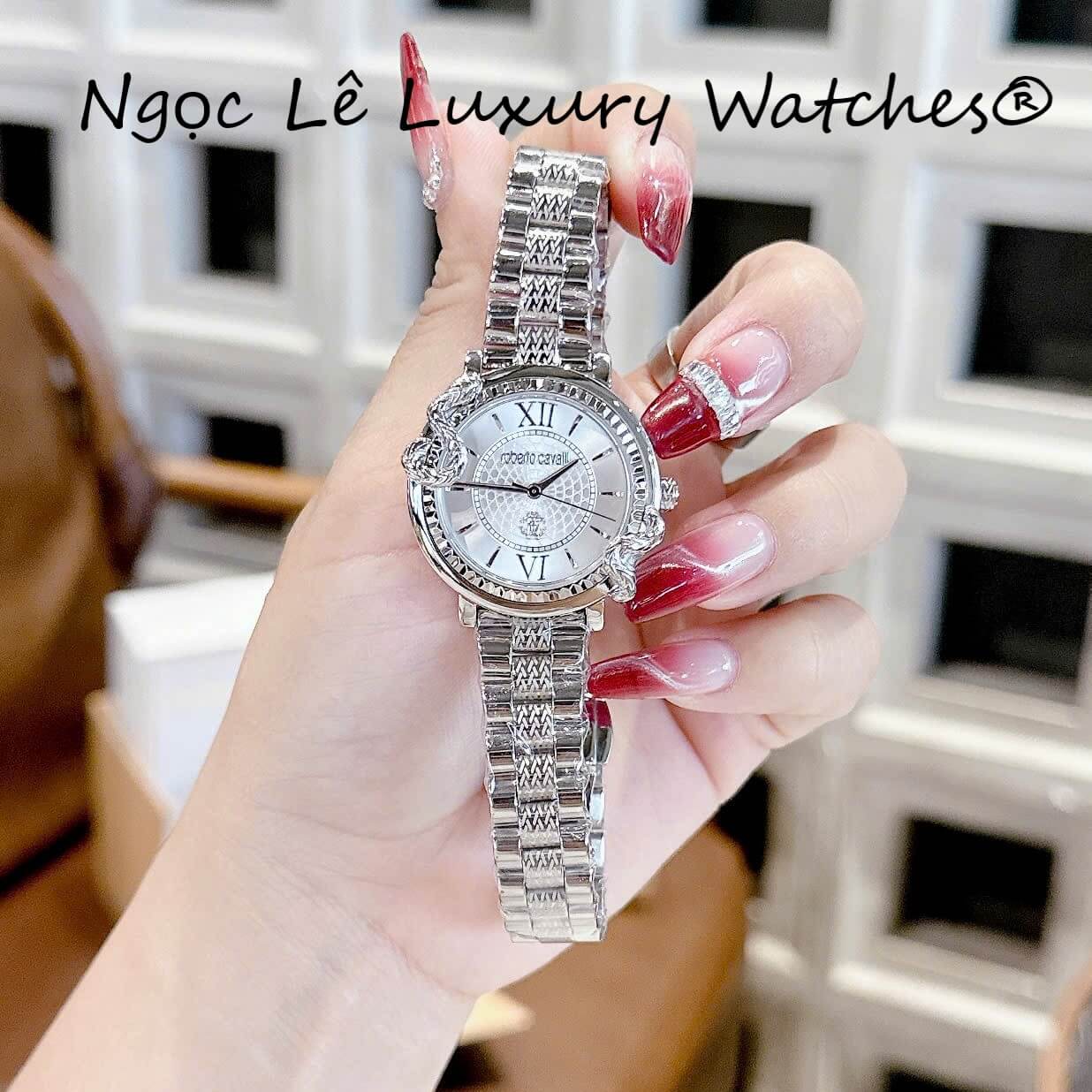 Đồng Hồ Nữ Roberto Cavalli Dây Thép Bạc Mặt Trắng Họa Tiết Rắn Size 32mm - Quartz