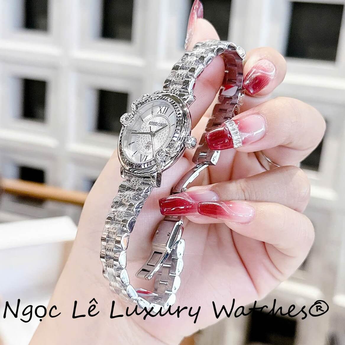 Đồng Hồ Nữ Roberto Cavalli Dây Thép Bạc Mặt Trắng Họa Tiết Rắn Size 32mm - Quartz