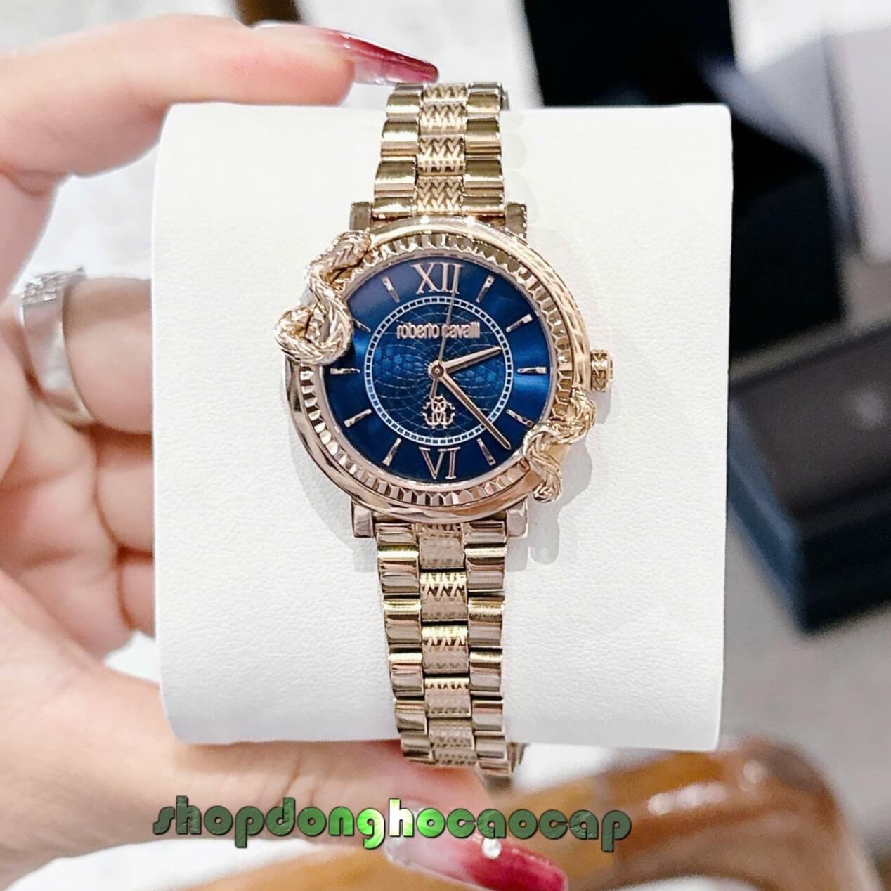 Đồng Hồ Nữ Roberto Cavalli Màu Vàng Hồng Mặt Rắn Xanh Dương Size 32mm - Quartz