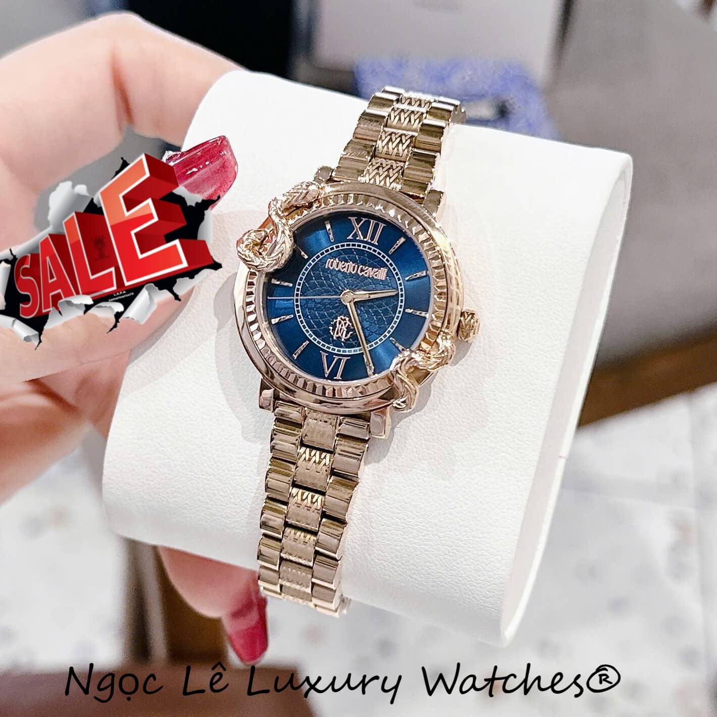 Đồng Hồ Nữ Roberto Cavalli Màu Vàng Hồng Mặt Rắn Xanh Dương Size 32mm - Quartz