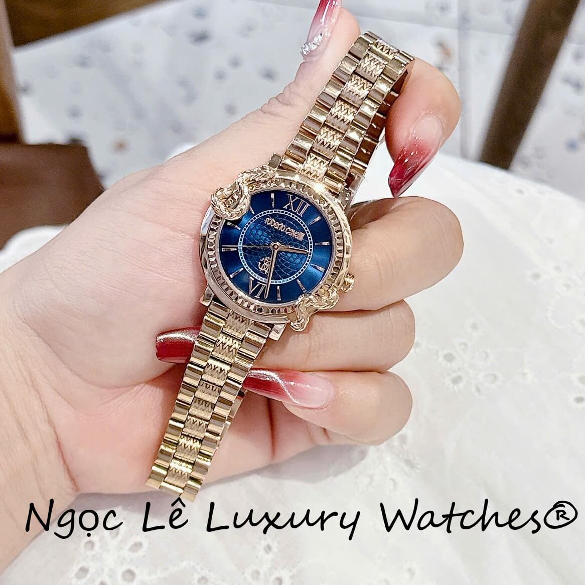 Đồng Hồ Nữ Roberto Cavalli Màu Vàng Hồng Mặt Rắn Xanh Dương Size 32mm - Quartz