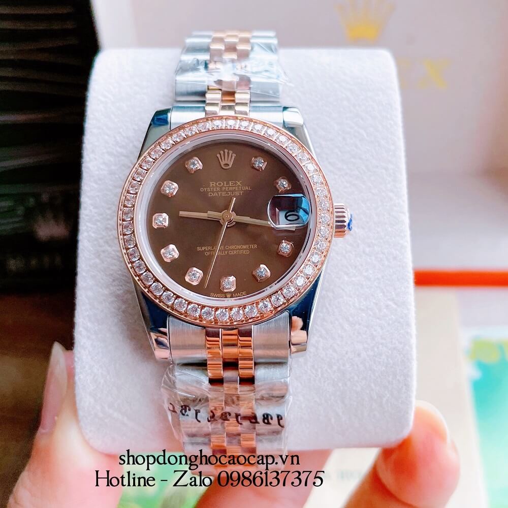 Đồng Hồ Nữ Rolex Automatic (Tự Động) Viền Đá Demi Nâu Rose Gold 32mm