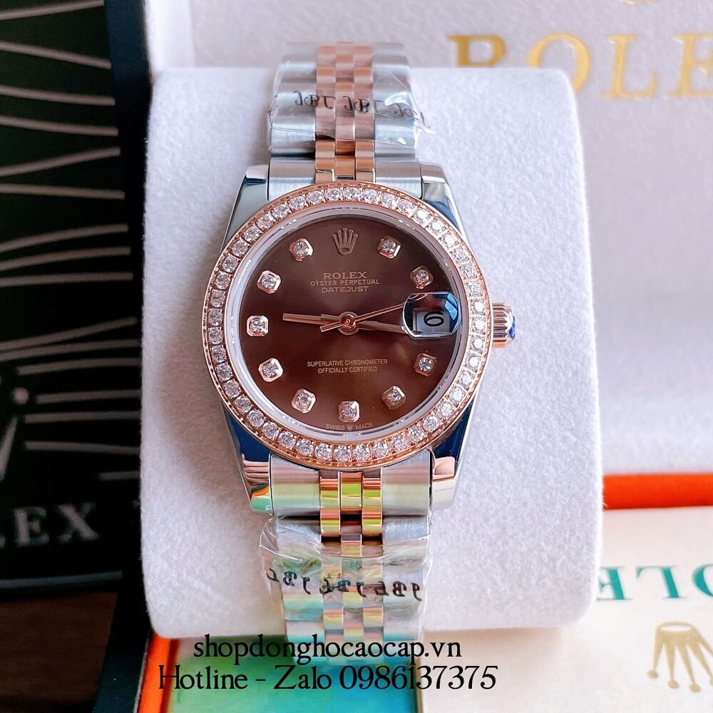 Đồng Hồ Nữ Rolex Automatic Viền Đá Demi Nâu Rose Gold 32mm