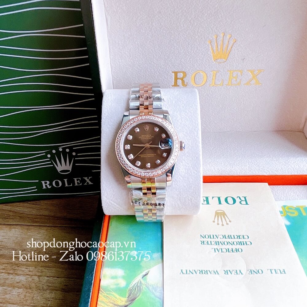 Đồng Hồ Nữ Rolex Automatic (Tự Động) Viền Đá Demi Nâu Rose Gold 32mm