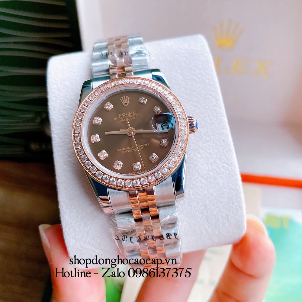 Đồng Hồ Nữ Rolex Automatic (Tự Động) Viền Đá Demi Nâu Rose Gold 32mm