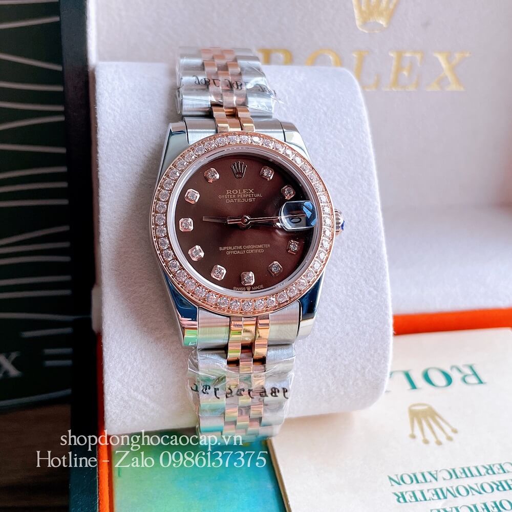 Đồng Hồ Nữ Rolex Automatic (Tự Động) Viền Đá Demi Nâu Rose Gold 32mm