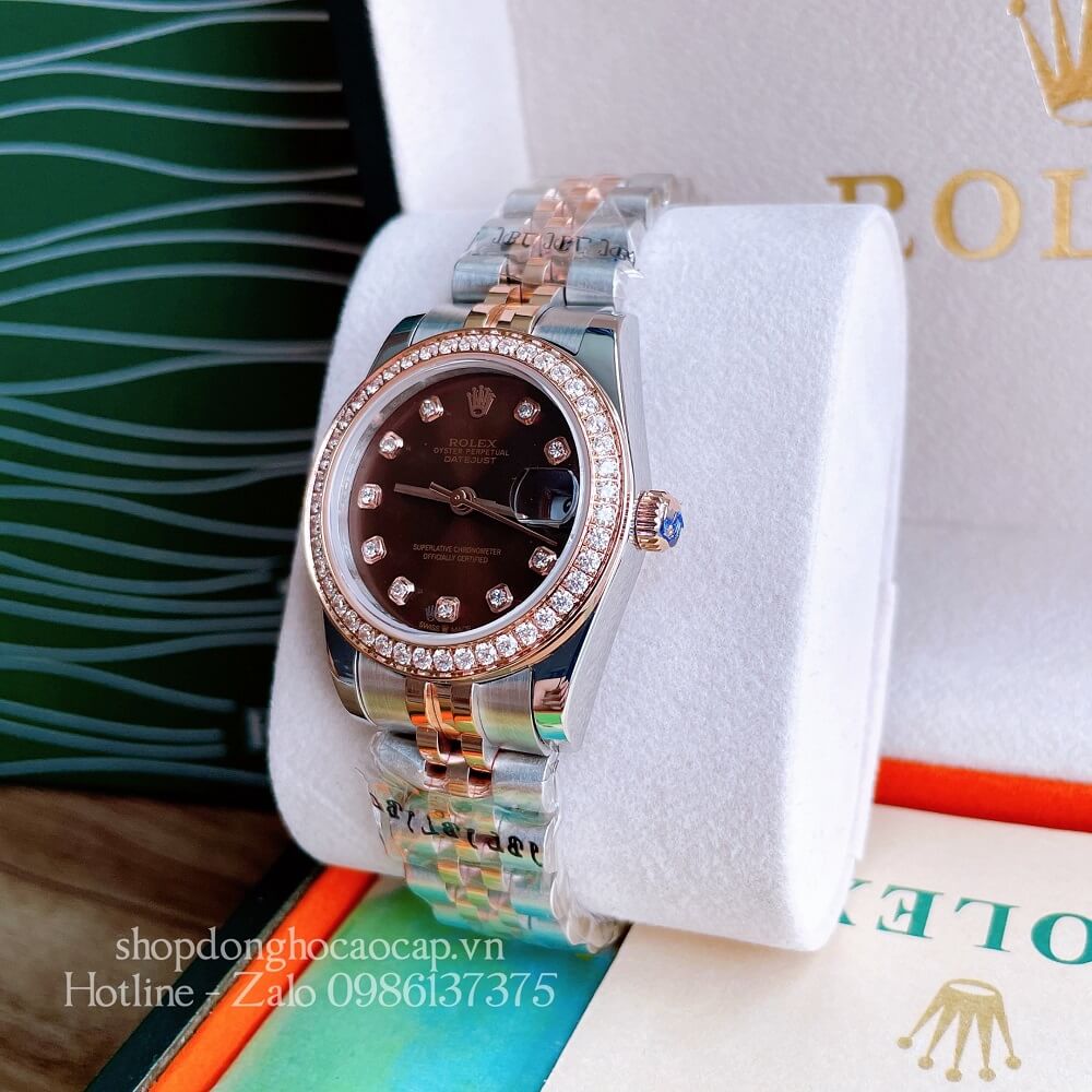 Đồng Hồ Nữ Rolex Automatic (Tự Động) Viền Đá Demi Nâu Rose Gold 32mm