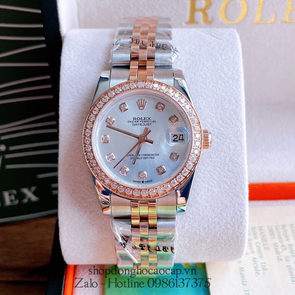 Đồng Hồ Nữ Rolex Automatic Viền Đá Demi Trắng Rose Gold 32mm