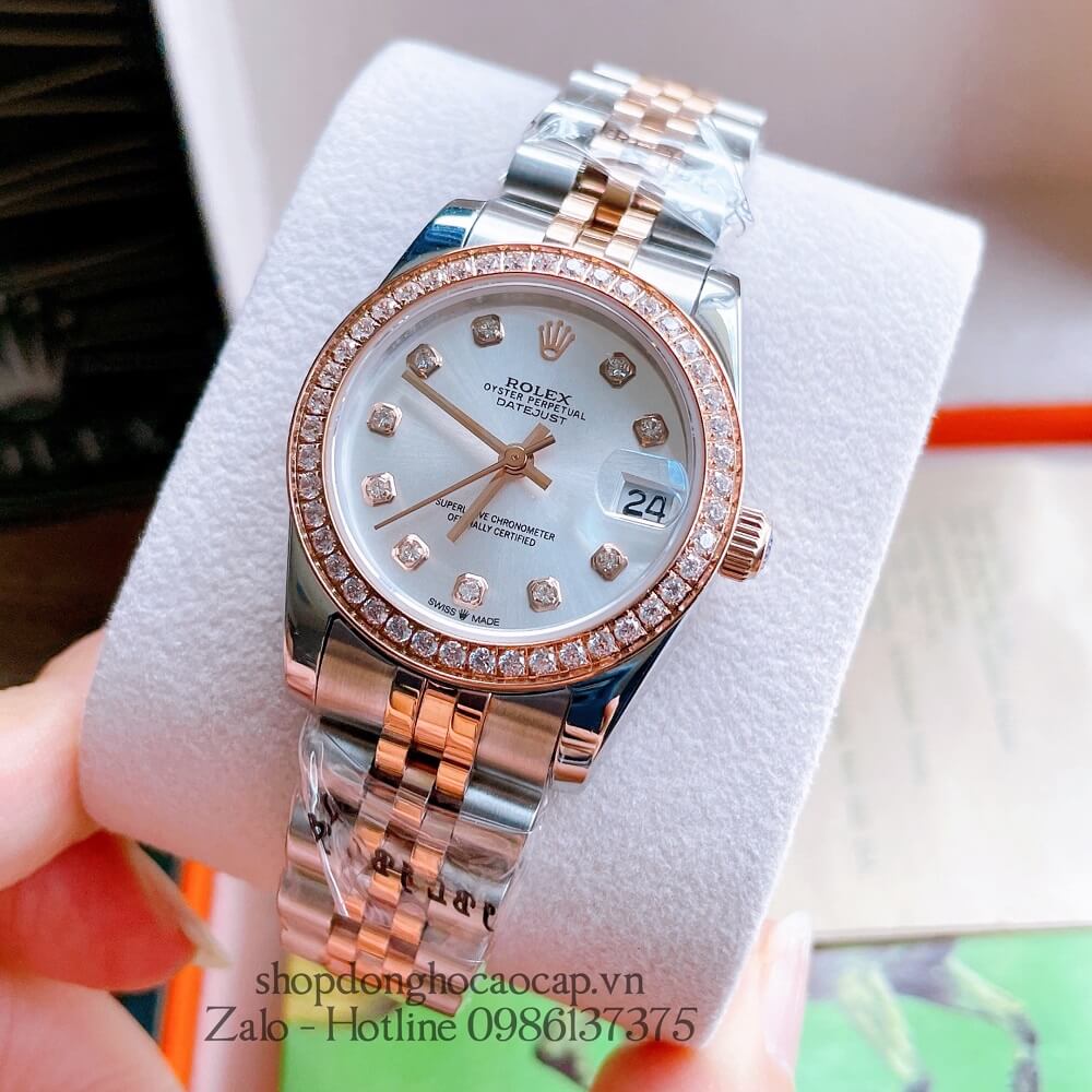 Đồng Hồ Nữ Rolex Automatic (Tự Động) Viền Đá Demi Trắng Rose Gold 32mm