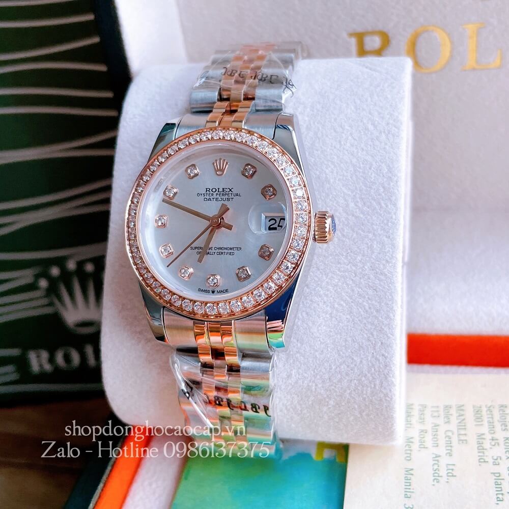 Đồng Hồ Nữ Rolex Automatic (Tự Động) Viền Đá Demi Trắng Rose Gold 32mm