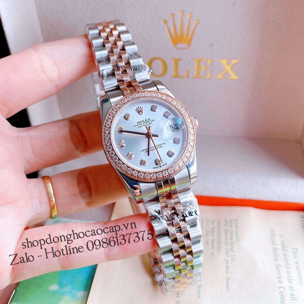 Đồng Hồ Nữ Rolex Automatic (Tự Động) Viền Đá Demi Trắng Rose Gold 32mm