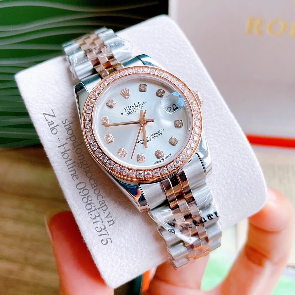 Đồng Hồ Nữ Rolex Automatic (Tự Động) Viền Đá Demi Trắng Rose Gold 32mm