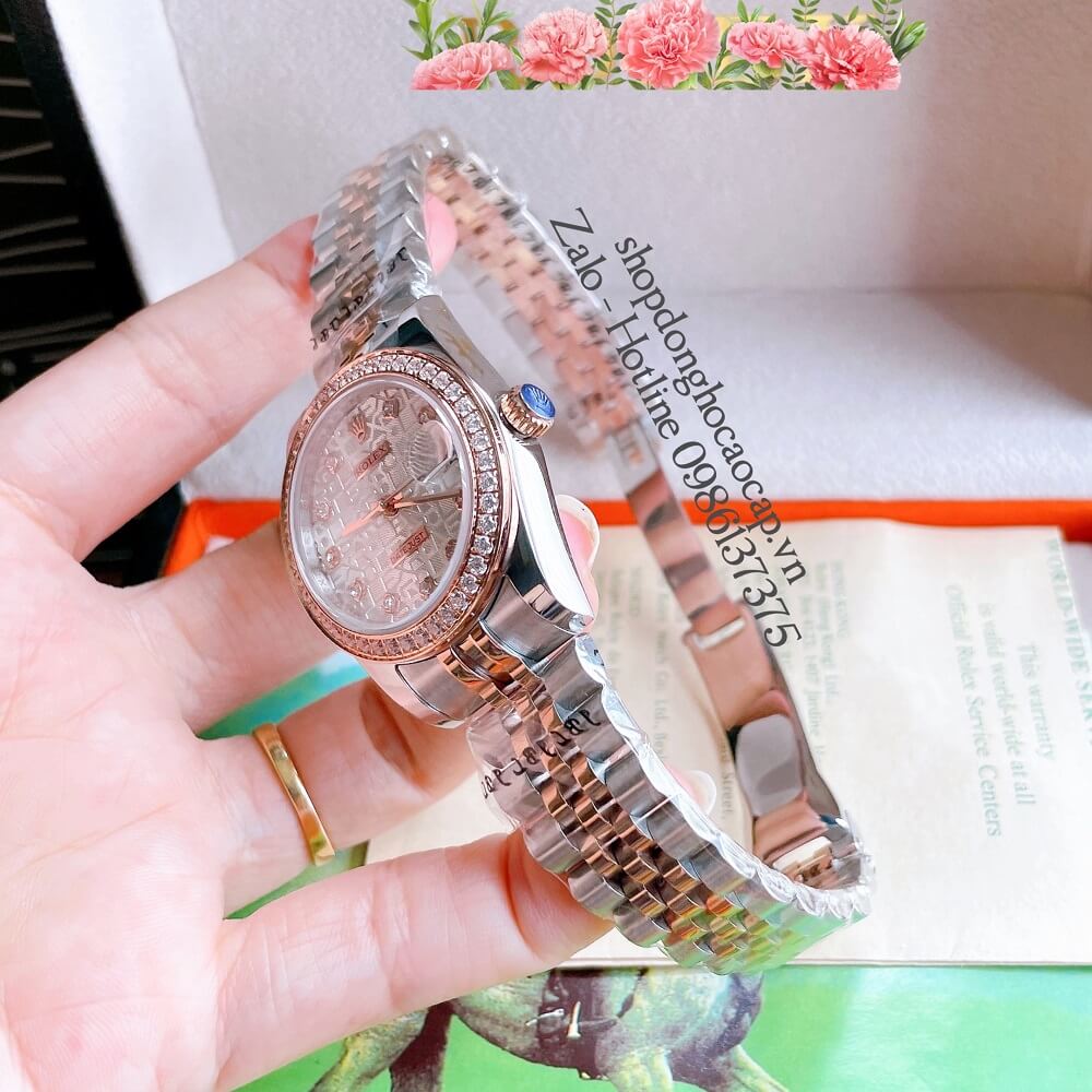 Đồng Hồ Nữ Rolex Automatic (Tự Động) Viền Đá Demi Vi Tính Rose Gold 32mm