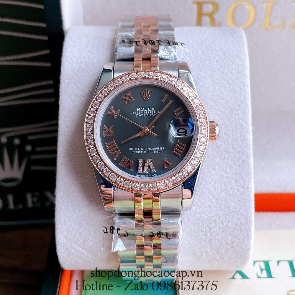 Đồng Hồ Nữ Rolex Automatic (Tự Động) Viền Đá Mặt La Mã Demi Rose Gold 32mm