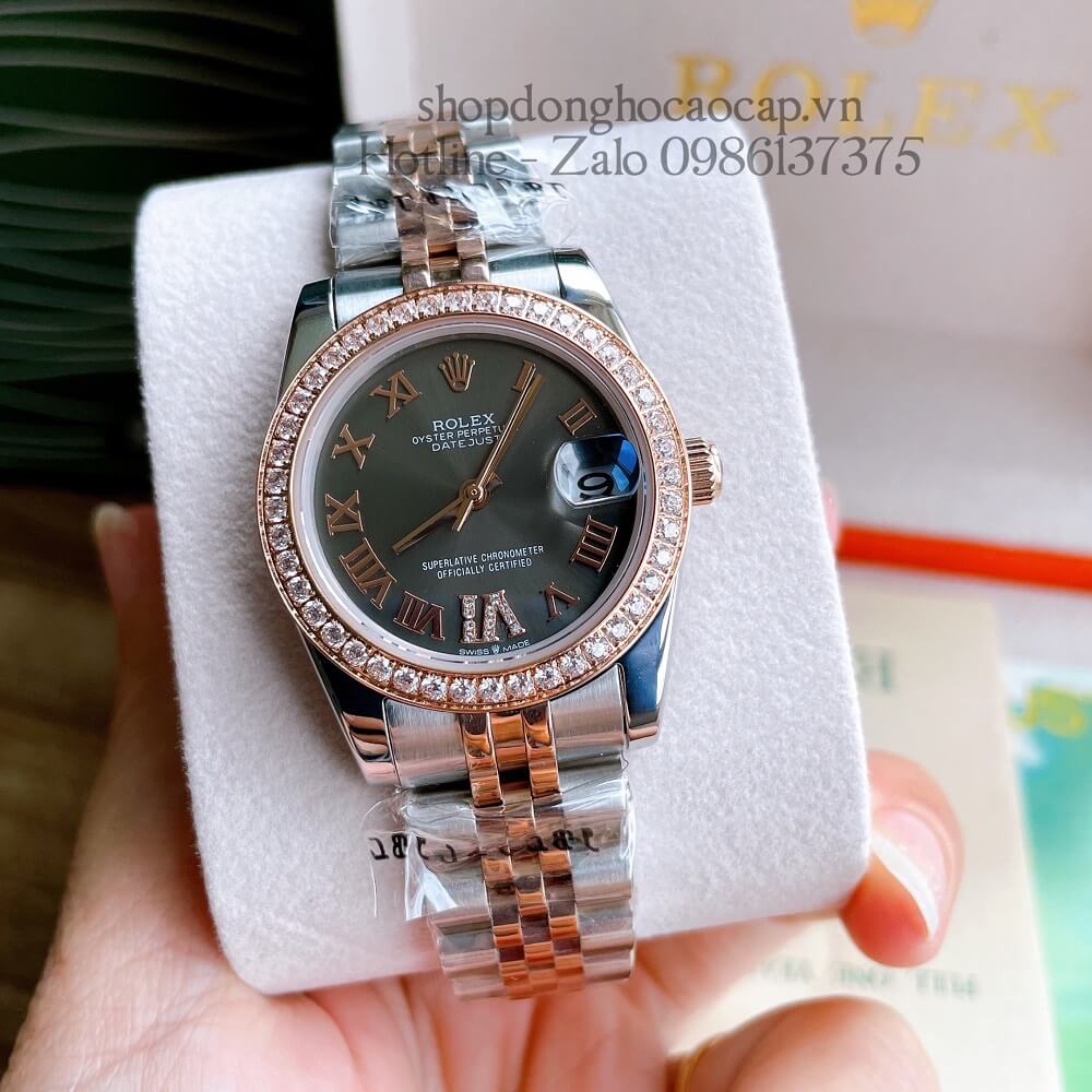 Đồng Hồ Nữ Rolex Automatic (Tự Động) Viền Đá Mặt La Mã Demi Rose Gold