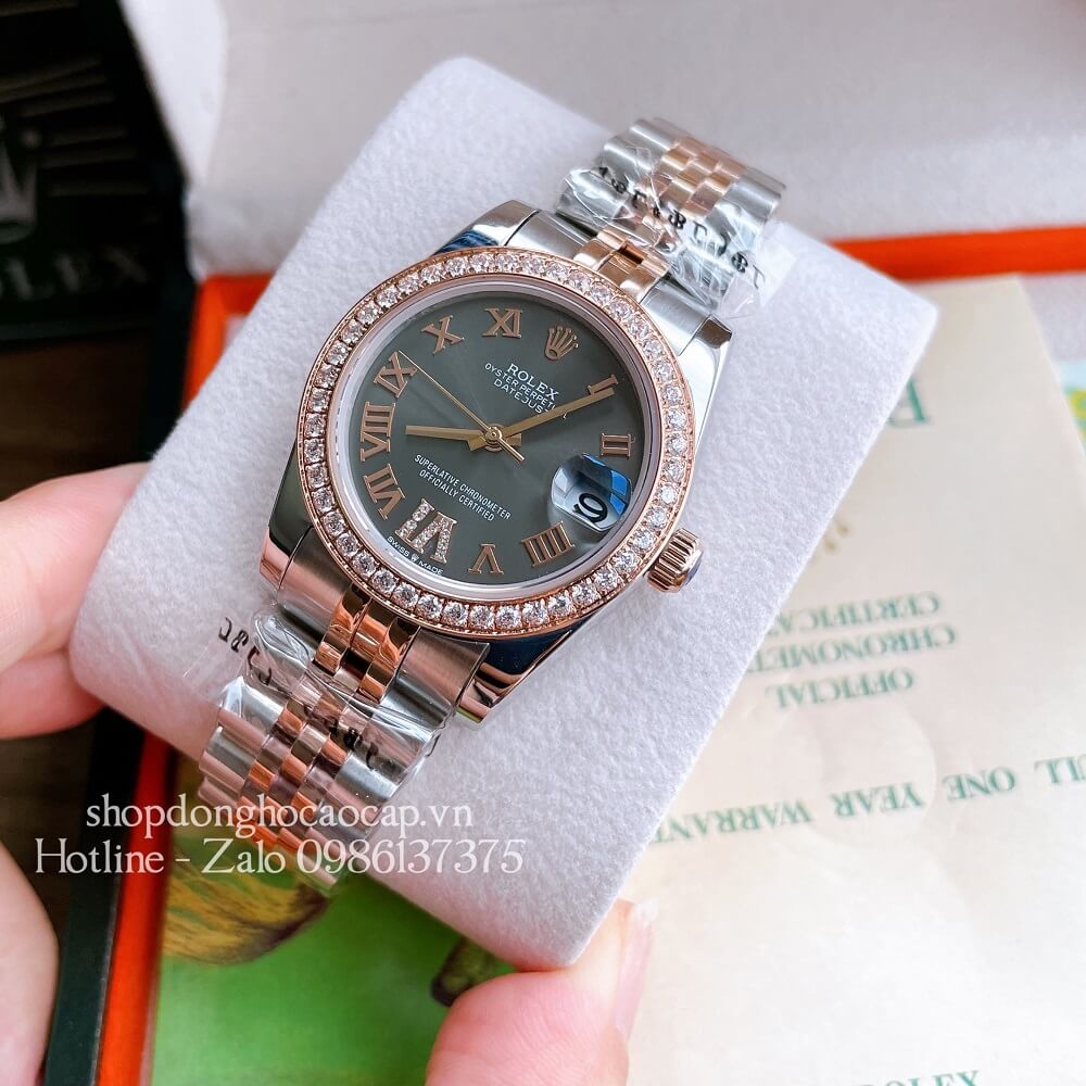 Đồng Hồ Nữ Rolex Automatic (Tự Động) Viền Đá Mặt La Mã Demi Rose Gold