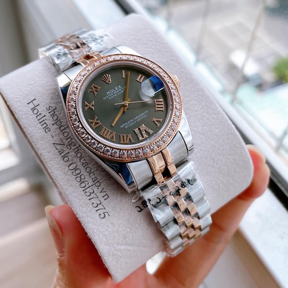 Đồng Hồ Nữ Rolex Automatic (Tự Động) Viền Đá Mặt La Mã Demi Rose Gold