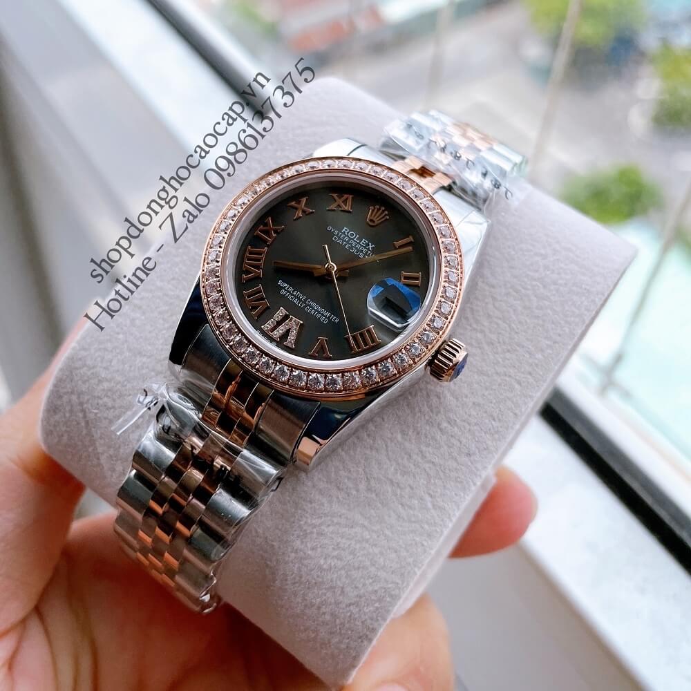 Đồng Hồ Nữ Rolex Automatic (Tự Động) Viền Đá Mặt La Mã Demi Rose Gold