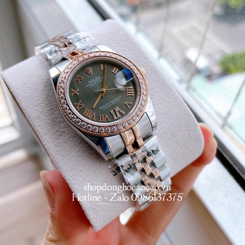 Đồng Hồ Nữ Rolex Automatic (Tự Động) Viền Đá Mặt La Mã Demi Rose Gold