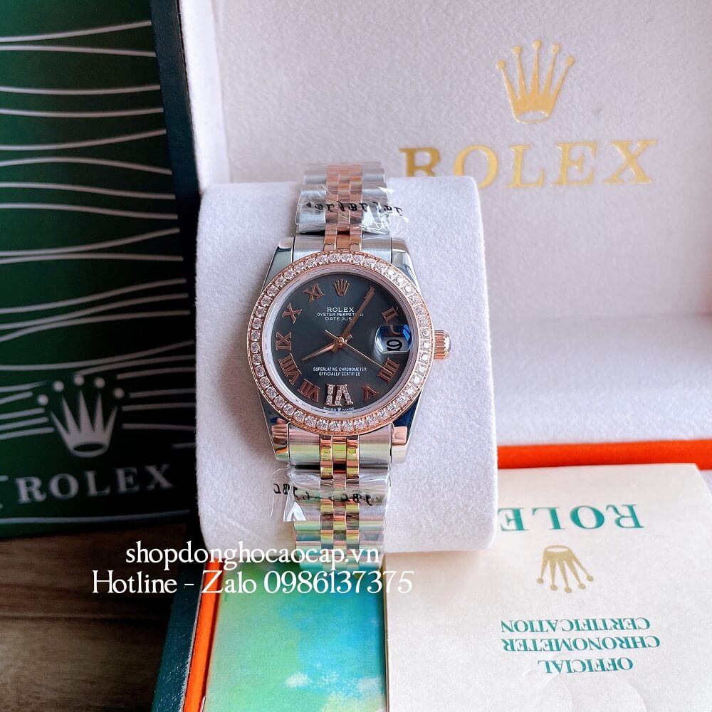 Đồng Hồ Nữ Rolex Automatic (Tự Động) Viền Đá Mặt La Mã Demi Rose Gold