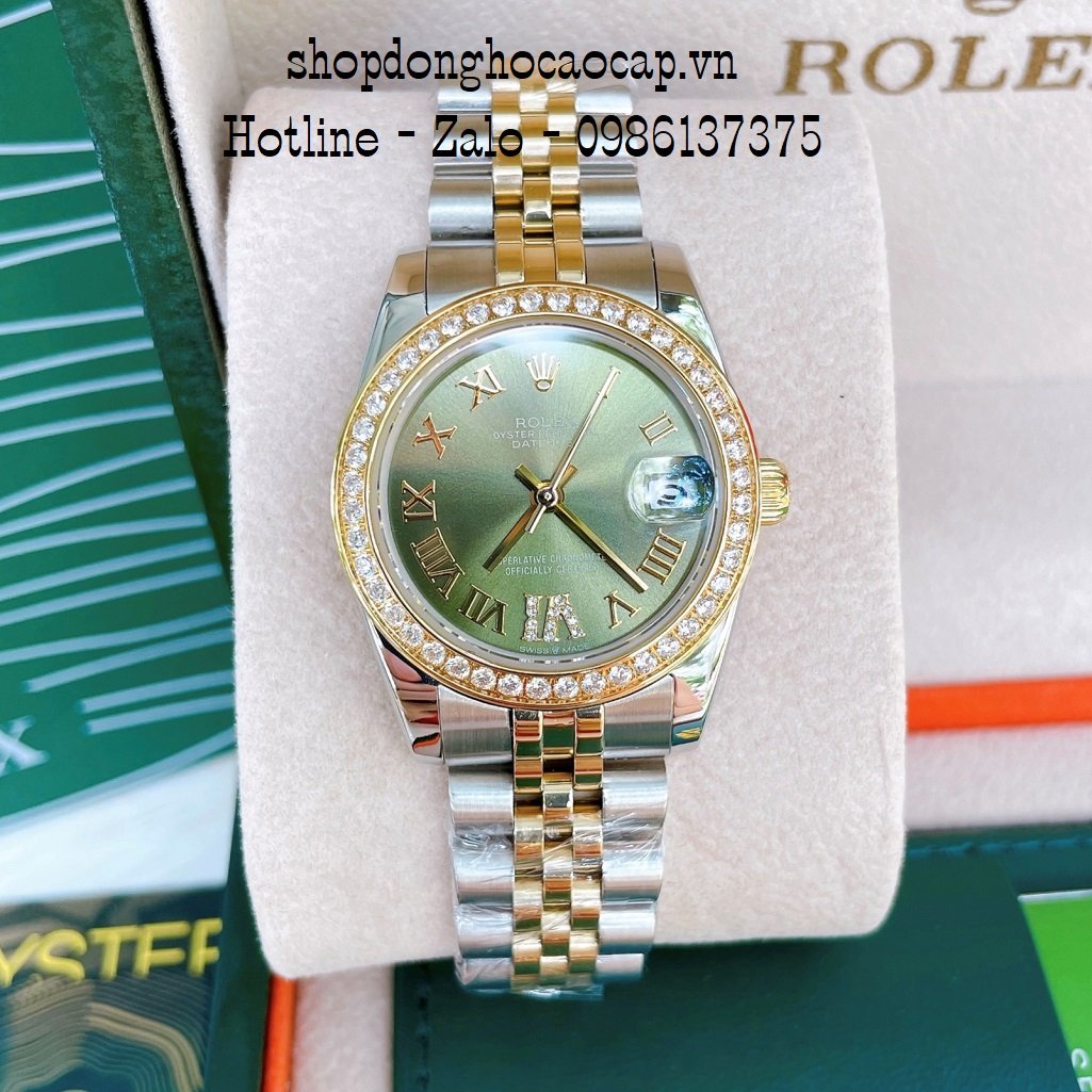 Đồng Hồ Nữ Rolex Automatic Viền Đá Demi Green 32mm