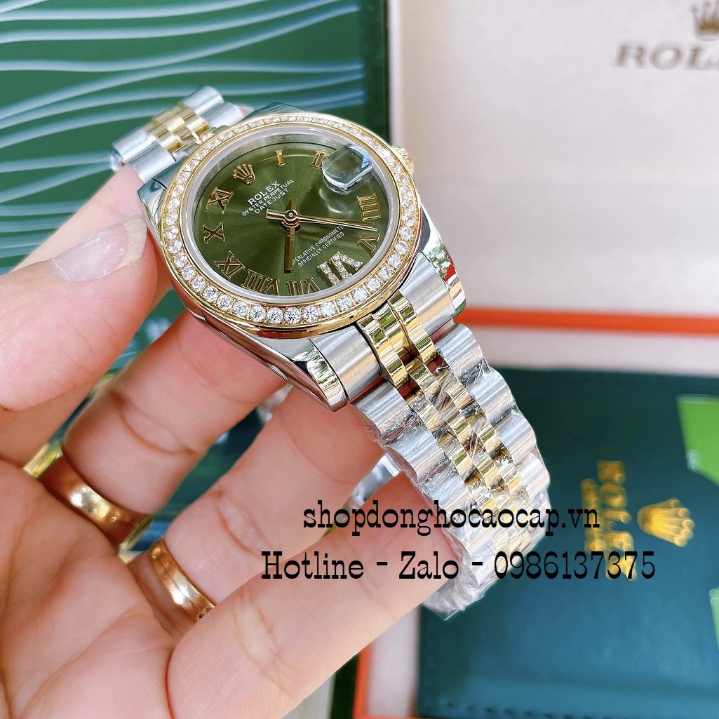 Đồng Hồ Nữ Rolex Automatic Viền Đá Demi Green 32mm