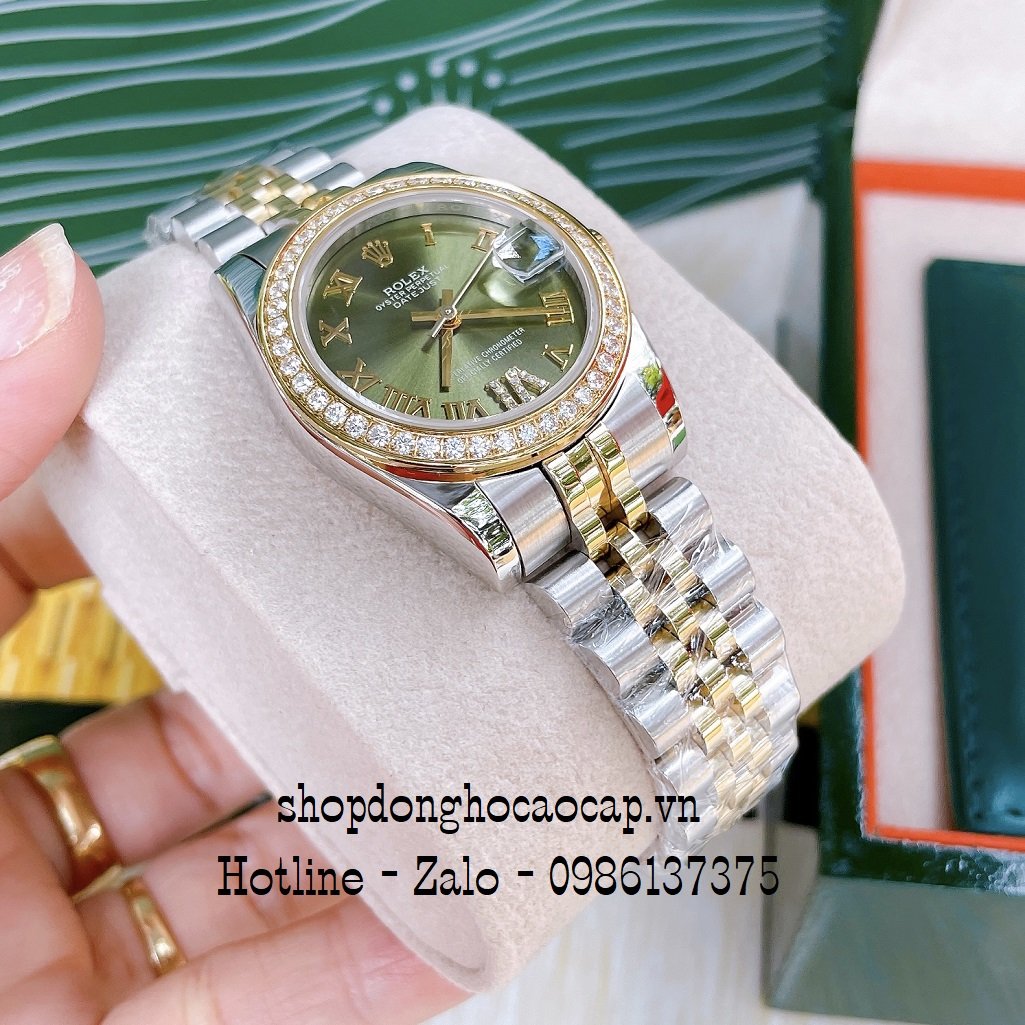 Đồng Hồ Nữ Rolex Automatic Viền Đá Demi Green 32mm