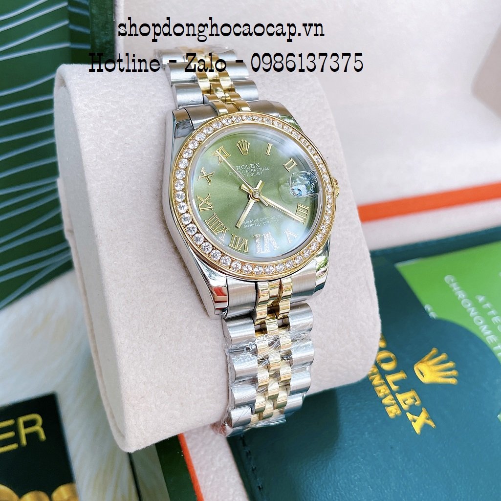 Đồng Hồ Nữ Rolex Automatic Viền Đá Demi Green 32mm