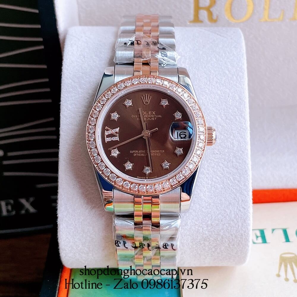 Đồng Hồ Nữ Rolex Automatic (Tự Động) Viền Đá Demi Nâu Rose Gold 32mm